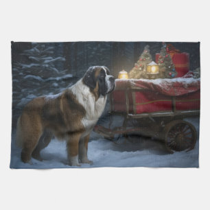 Saint Bernard Snowy Sleigh Christmas Decor Tea Towel