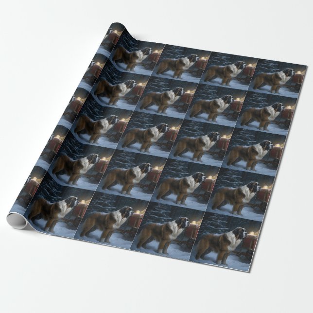 Saint Bernard Snowy Sleigh Christmas Decor Wrapping Paper (Unrolled)