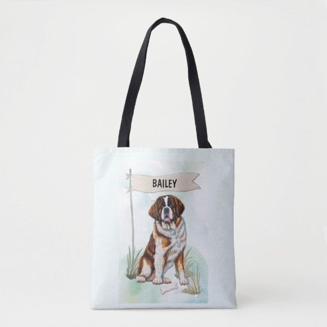 Saint Bernard Watercolor Personalised Dog Tote Bag (Front)