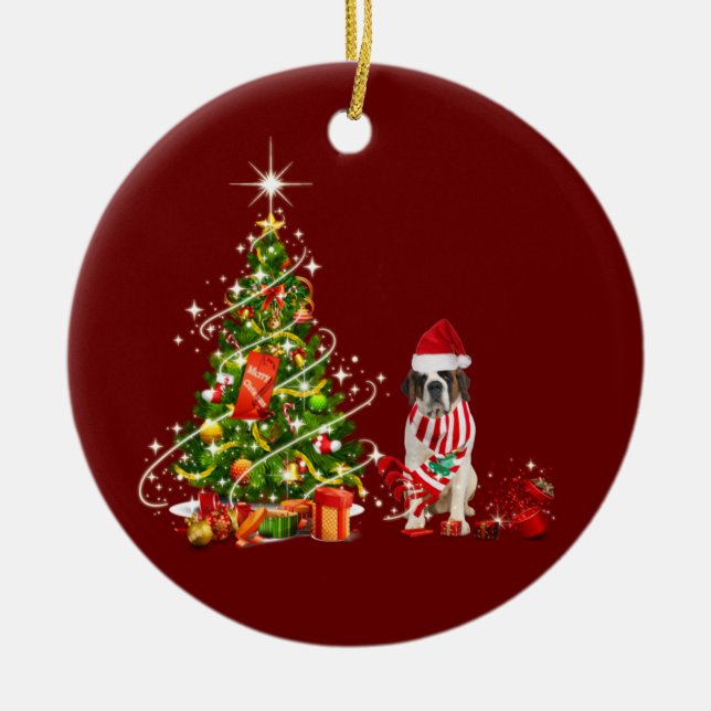saint bernard With Hat Scaft Christmas Ceramic Tree Decoration (Front)