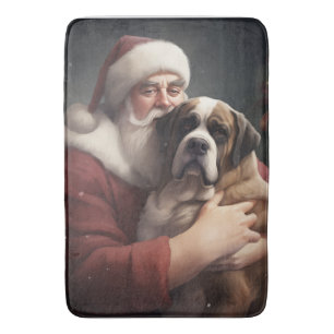 Saint Bernard With Santa Claus Festive Christmas Bath Mat