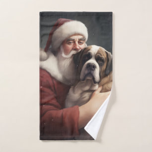 Saint Bernard With Santa Claus Festive Christmas Bath Towel Set