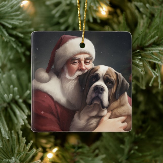 Saint Bernard With Santa Claus Festive Christmas Ceramic Ornament (Tree)