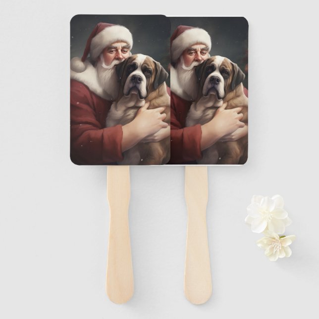Saint Bernard With Santa Claus Festive Christmas Hand Fan (Front and Back)