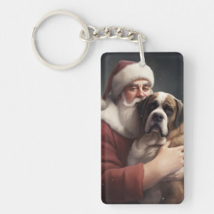 Saint Bernard With Santa Claus Festive Christmas Key Ring