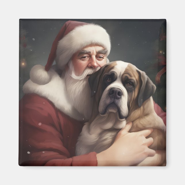 Saint Bernard With Santa Claus Festive Christmas Magnet (Front)