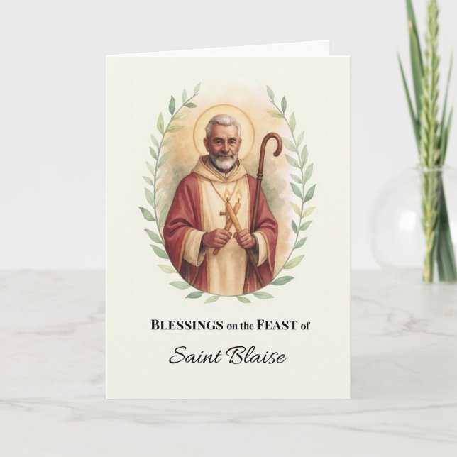 Saint Blaise Feast Day Blessings Watercolor Wreath Card (Front)