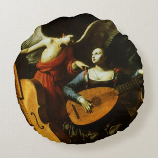 Saint Cecilia and the Angel by Carlo Saraceni Round Cushion
