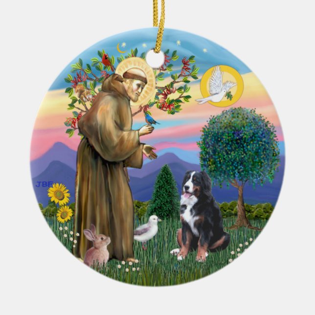 Saint Francis - Bernese Mountain Dog Ceramic Tree Decoration (Front)