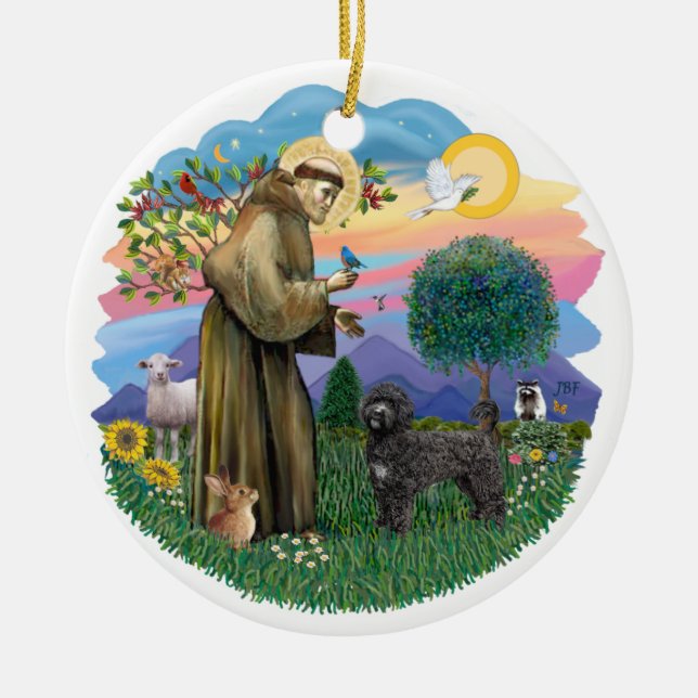 Saint Francis - Portuguese Water Dog (black) Ceramic Tree Decoration (Front)