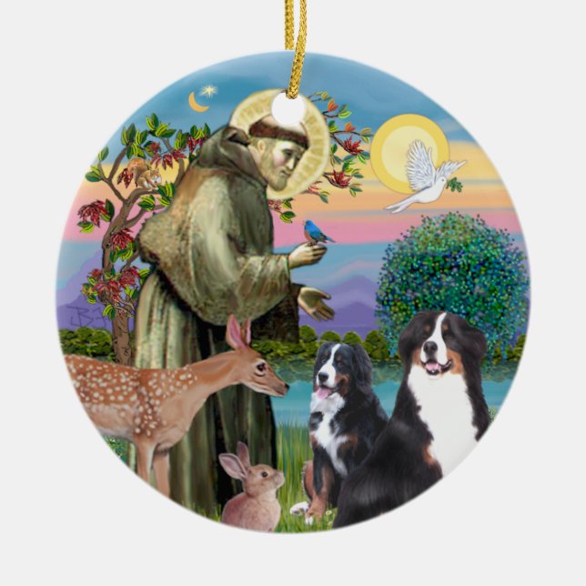 Saint Francis - Two Bernese Mountain Dogs Ceramic Tree Decoration (Front)