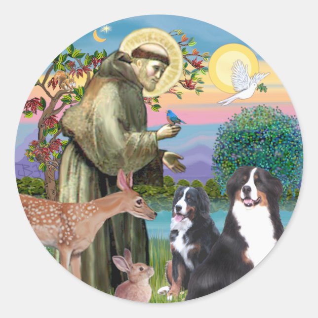 Saint Francis - Two Bernese Mountain Dogs Classic Round Sticker (Front)