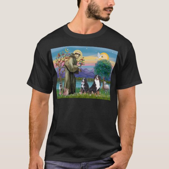 Saint Francis - Two Bernese Mountain Dogs T-Shirt