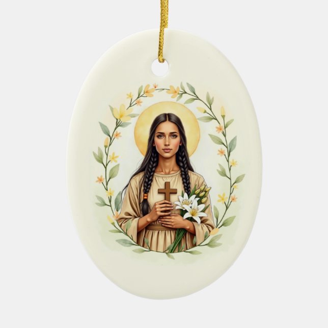 Saint Kateri Tekakwitha God's Peace and Blessings Ceramic Tree Decoration (Front)
