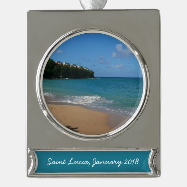 Saint Lucia Beach Tropical Vacation Landscape Silver Plated Banner Ornament (Front)