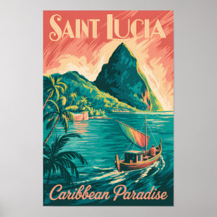 Saint Lucia Boat Illustration Travel Art Vintage Poster