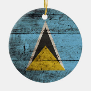Saint Lucia Flag on Old Wood Grain Ceramic Tree Decoration