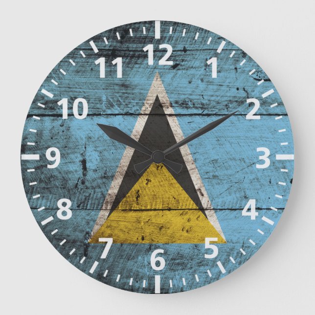 Saint Lucia Flag on Old Wood Grain Large Clock (Front)
