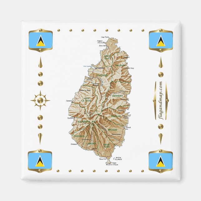 Saint Lucia Map + Flags Magnet (Front)