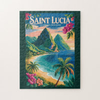 Saint Lucia Pitons Illustration Travel Art Vintage