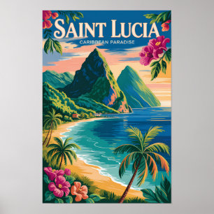 Saint Lucia Pitons Illustration Travel Art Vintage Poster