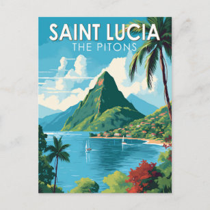 Saint Lucia The Pitons Travel Art Vintage Postcard