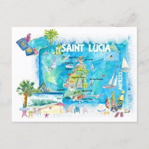 Saint Lucia West Indies Illustrated Map Postcard