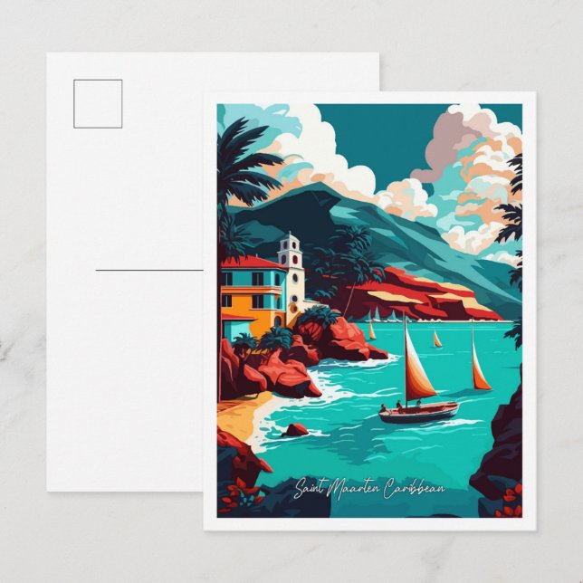 Saint Maarten Caribbean travel illustration Postcard (Front/Back)