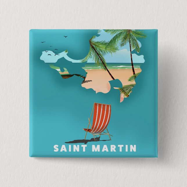 Saint Martin Illustrated map. 15 Cm Square Badge (Front)