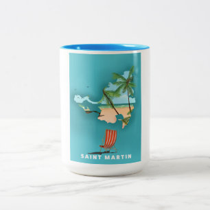 Saint Martin Illustrated map. Two-Tone Coffee Mug
