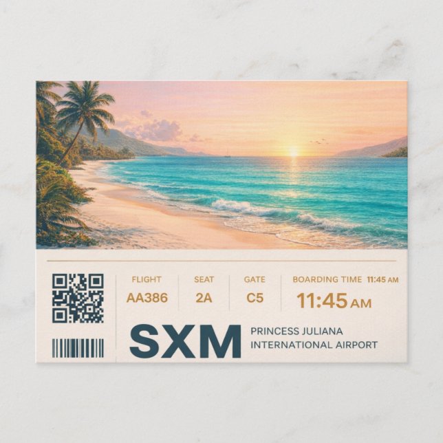 Saint Martin SXM Boarding Pass Sunset Postcard (Front)