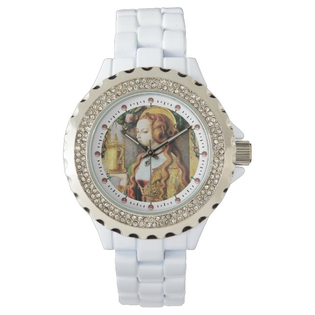 SAINT MARY MAGDALENE Pink Gemstones ,White Watch (Front)
