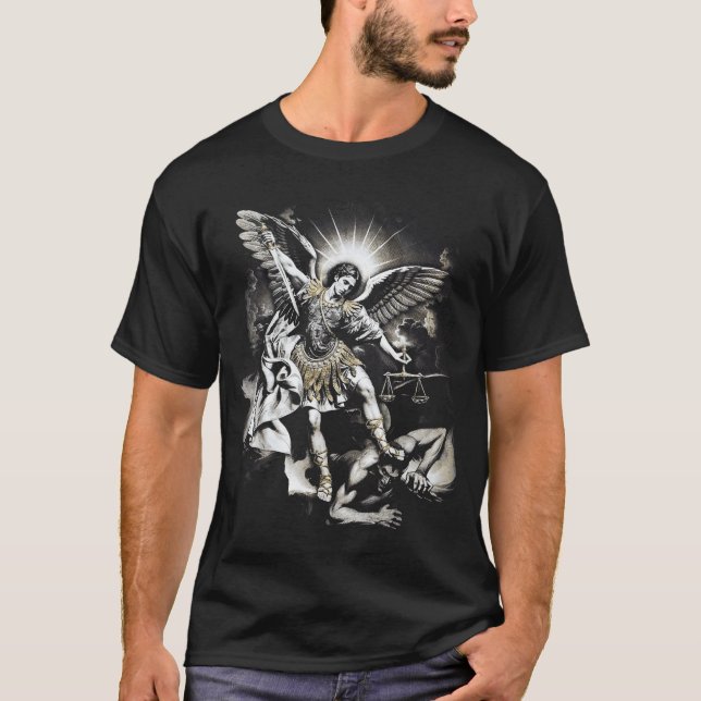 Saint Michael Defeating Satan Archangel Warrior  T-Shirt (Front)