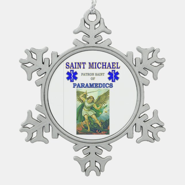SAINT MICHAEL PATRON SAINT OF PARAMEDICS SNOWFLAKE PEWTER CHRISTMAS ORNAMENT (Front)