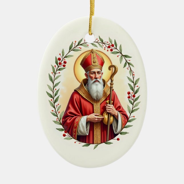 Saint Nicholas God's Peace and Blessings Scripture Ceramic Tree Decoration (Front)