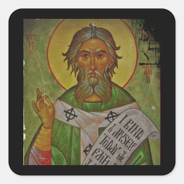 Saint Patrick Icon on Green Square Sticker (Front)