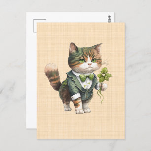 Saint Patrick: Lucky cat in suit Postcard