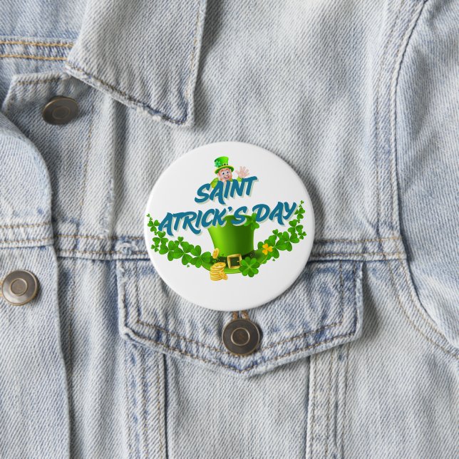 Saint Patrick’s Day Shirt – Lucky Leprechaun Hat & 7.5 Cm Round Badge (In Situ)
