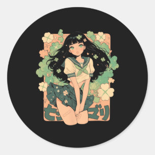 Saint Patricks Day Anime Girl Manga Green Kawaii C Classic Round Sticker