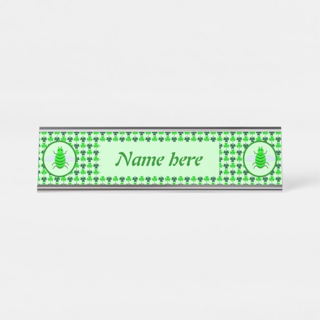 Saint Patricks Day Bee and Shamrocks Custom Desk Name Plate (Front)