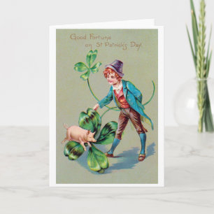 Saint Patrick's Day Boy & Lucky Pig, Vintage Card