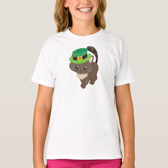 Saint Patrick's Day, Brown Cat, Leprechaun Hat T-Shirt (Front)