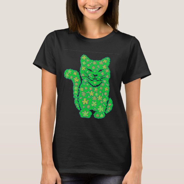 Saint Patrick's day Cat Silhouette Green Shamrock  T-Shirt (Front)