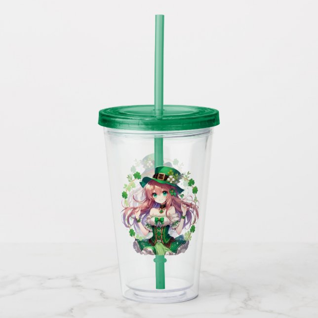 Saint Patrick's Day clover anime girl Acrylic Tumbler (Front)