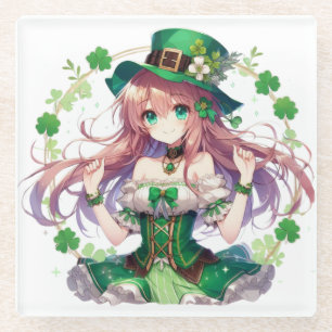 Saint Patrick's Day clover anime girl Glass Coaster