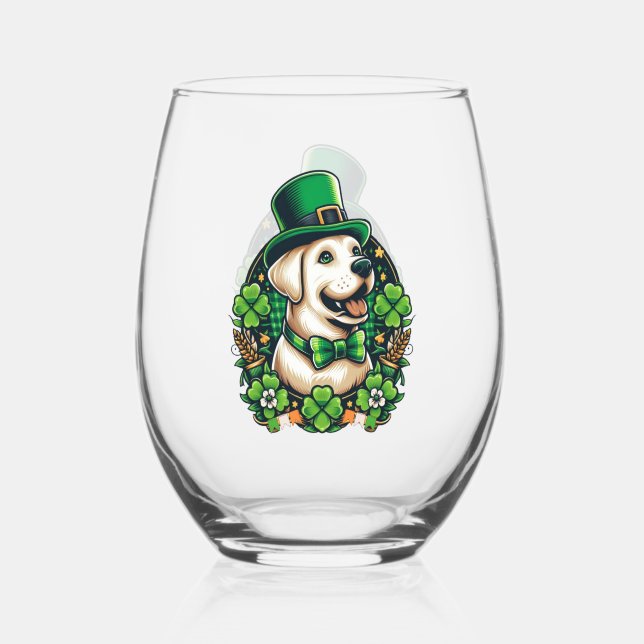 Saint Patrick's Day Cute Dog Stemless Wine Glass (Front)