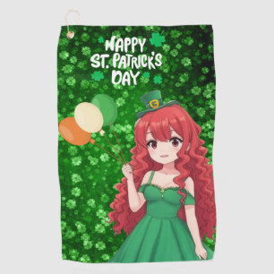 Saint Patrick's day cute, Irish anime lass Golf Towel