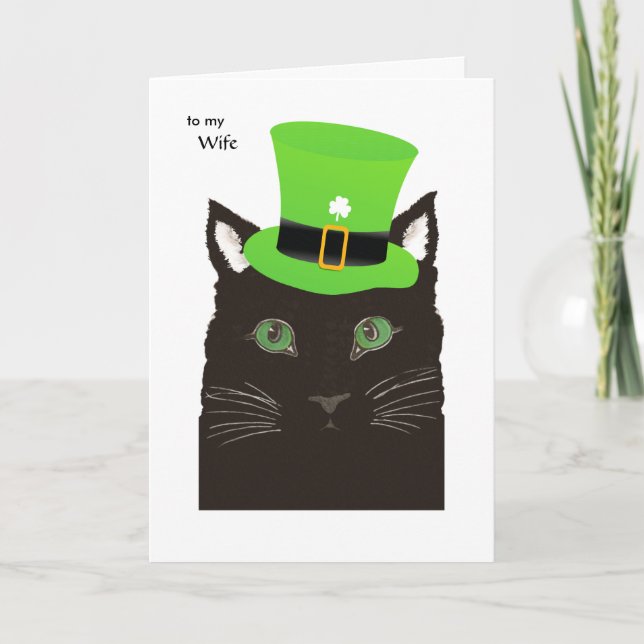 Saint Patrick's Day for Wife - Black Cat Green Hat Card (Front)