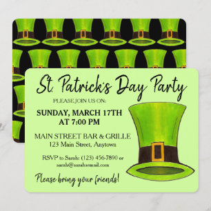 Saint Patrick's Day Green Leprechaun Tophat Party Invitation