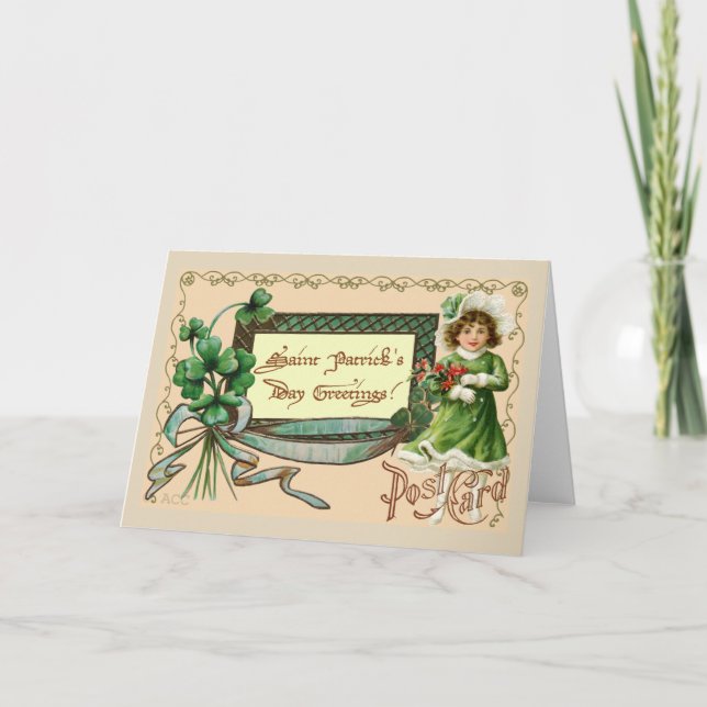 Saint Patrick's Day Greetings girl shamrocks Card (Front)